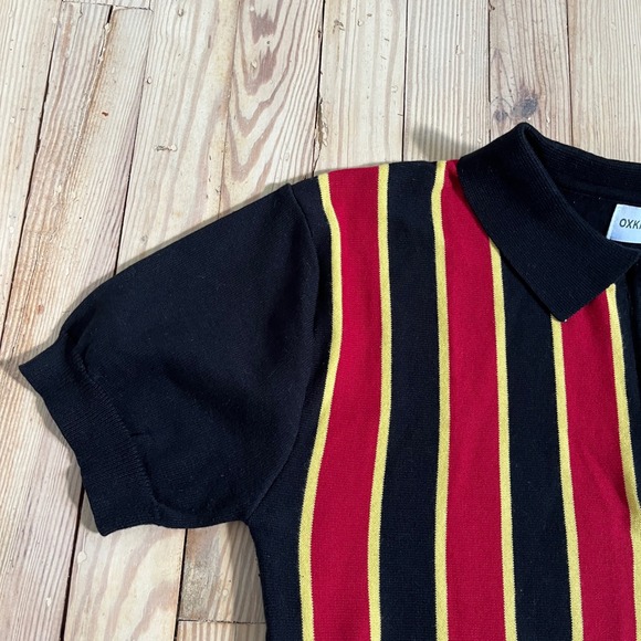 OXXKNITSTORE Mens Knit Striped Polo Shirt Short Sleeve Zip Up Black Red Yellow‎ - Picture 2 of 10